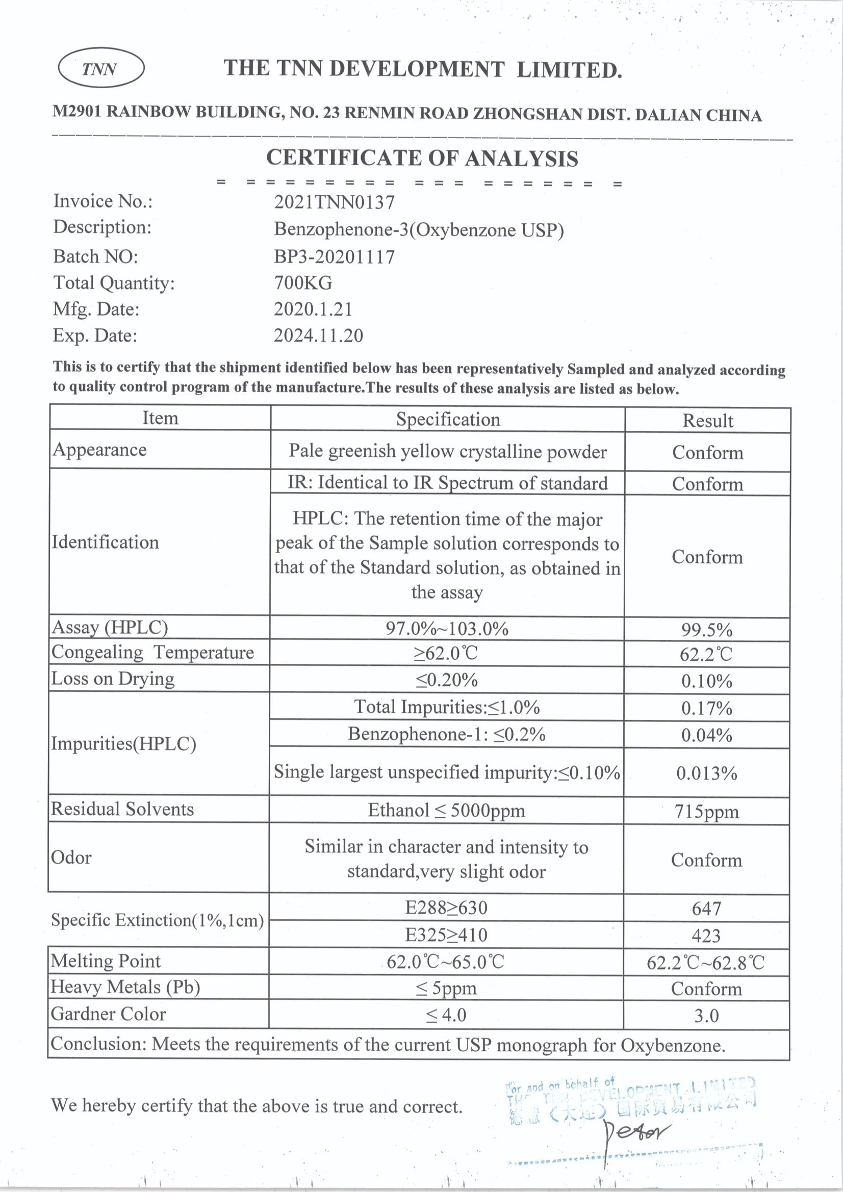 12.30  reduce COA Benzophenone reduce 3(Oxybenzone USP)